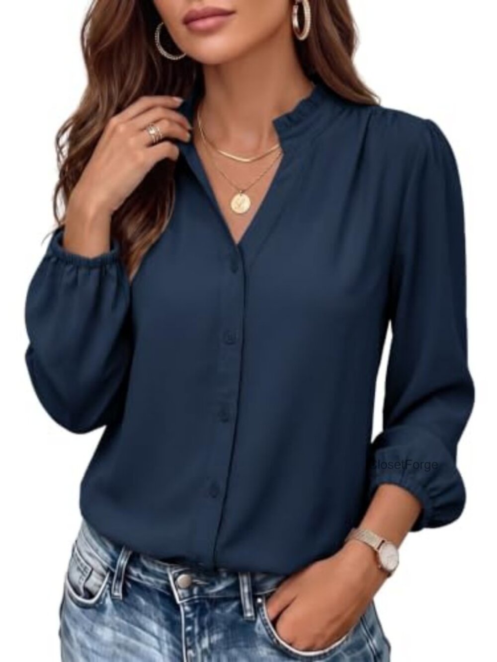 Dokotoo Women V-Neck Button Down Blouse Long Sleeve Business Casual